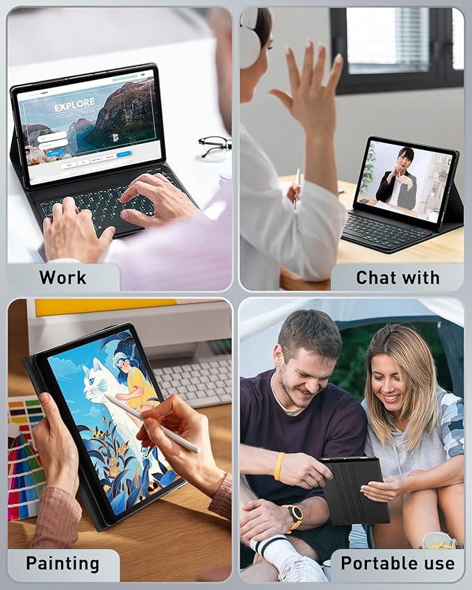Case with Keyboard for 2025 Lenovo Idea Tab Plus 12.1 Inch/Lenovo Tab K12 - Rainbow Backlit Detachable Cover with Mouse (TB361FU/TB361ZU) - Black