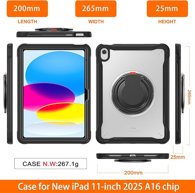 Batianda Ultimate Protective Case for New iPad 11th Generation 11 inch 2025 A16 Chip Sturdy Rugged Shockproof Silicone Tablet Cover with 360° Rotatable Ring Kickstand &amp Pencil Holder Black