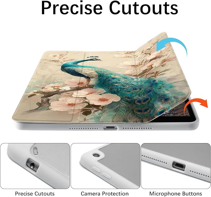 Aesthetic Flower Peacock Case for Ipad Pro 13 Inch M4 2024 Gorgeous Floral Bird Cover Chic Shell Auto Sleep/Wake Anti-Slip Shockproof Cover with Clear Back &amp Pencil Holder(Girls Women)