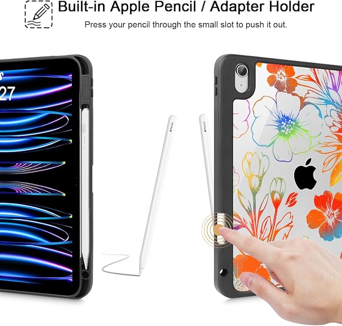 Tuiklol for 2025 iPad (A16 Chip) 11th Generation 11 inch/iPad 10th Generation 10.9 inch 2022 Case Buit in Pencil Holder with Clear Back Shell Cover Trifold Stand Auto Wake/SleepColor Flower Black