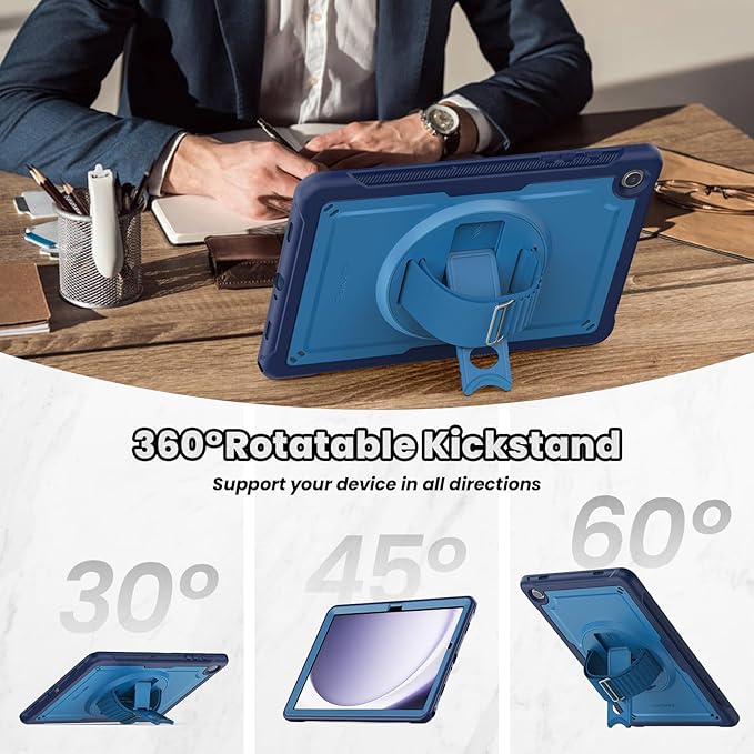 SEYMAC for Samsung Galaxy Tab A9+ Plus Case 11 2023 (SM-X210/X216/X218) Full-Body Shockproof Protective Case with Screen Protector Rotating Stand and Hand/Shoulder Strap Navy Blue