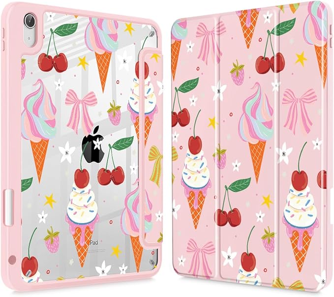 Case for iPad 11 inch A16 2025 Generation 11th / iPad 10.9 inch 2022 10th Gen Buit in Pencil Holder with Shockproof Cover Clear Transparent Back Shell Auto Wake/Sleep Ice Cream-Bows-Pink