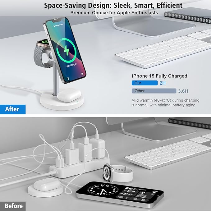 3 in 1 Wireless Charging Station for Multiple Devices 15W Fast Magnetic Wireless Charger Stand with Adjustable Angle Compatible with iPhone12-16 Series Apple Watch AirPods - Gifts for Men &ampWom