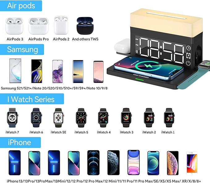 YTFGGY 3 in 1 Wireless Charging Station with Alarm ClockNight Light18W Fast Charger Wireless Charger Compatible with iPhone 14/13/12/11/XS/8 Samsung Galaxy AirPods Apple Watch(with Adapter) (Black)
