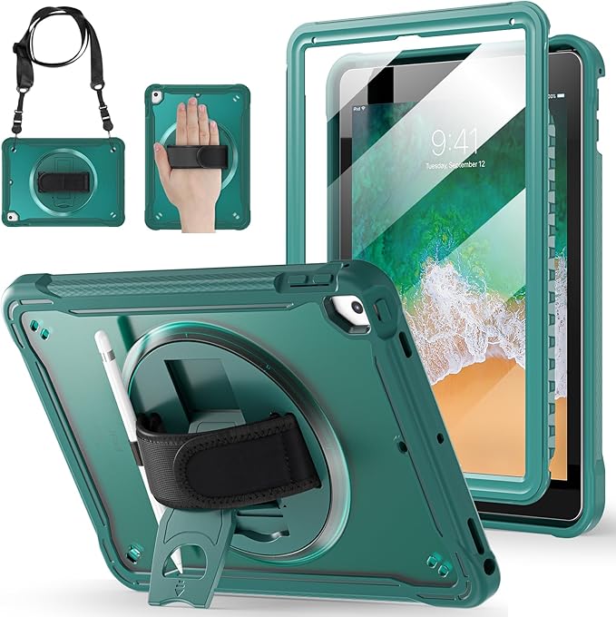 BRAECNstock Case for iPad 6th/5th Generation 9.7 inch 2018/2017ipad Air 2nd Gen &amp Pro 9.7 inch Cover for Kids with Pencil HolderScreen Protector360°Rotating Hand Strap&ampKickstand-Midnight Gr