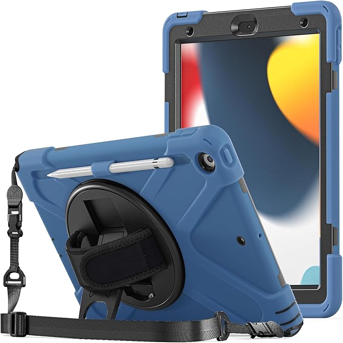 ProCase Rugged Case for iPad 9th/ 8th/ 7th Generation 10.2 (2021/2020/2019) Heavy Duty Shockproof Protective Cover with Strap for iPad 9/8/7 -Moroccoblue