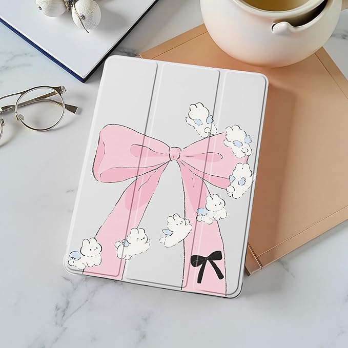 Idocolors Case for iPad 11 inch (A16 Chip) 2025 Generation 11th / iPad 10.9 inch 2022 10th Gen Built-in Pencil Holder with Soft TPU Shockproof Back Shell Auto Wake/Sleep Bunny Bow-White