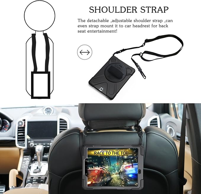 BRAECN for Samsung Galaxy Tab A 9.7 Inch SM-T550/P550 Case Heavy Duty Shockproof Protection Rugged 360° Rotating Stand Handle Shouler/Hand Strap Durable Kidse-Black