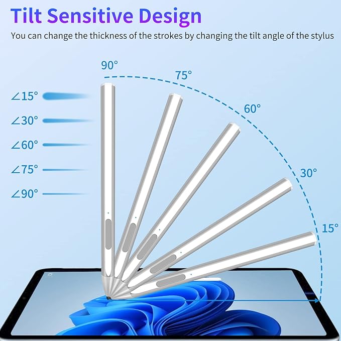Stylus for Microsoft Surface Pro9/8/7/6/5/4/3/X Surface Laptop/Book/Studio Surface 3/Go/Go2/Go3 4096 Pressure Sensitivity Magnetic Attachment USB Charging Palm Rejection Function Silver
