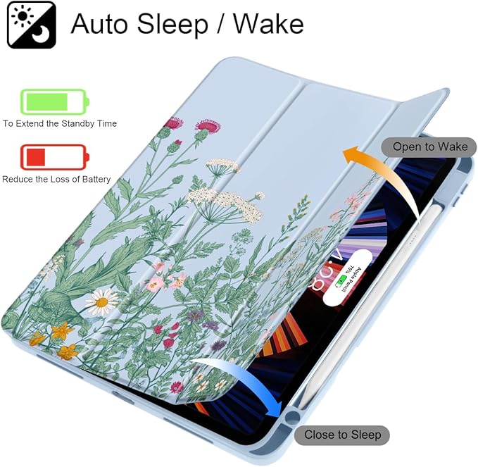 May Chen Case for iPad Pro 11-Inch M5/M4 2025/2024 (6th/5th Generation) Clear Transparent Print Back Shell Slim Stand Shockproof Tablet Cover Auto Wake/Sleep Herbs Flowers