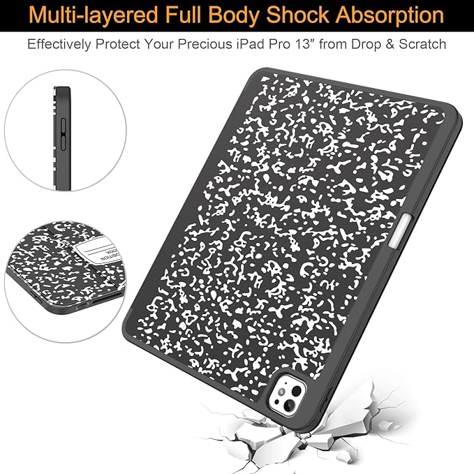 Soke Case for New iPad Pro 13 Inch (M5/M4 2025/2024 Release) with Pencil Holder Trifold Stand Shockproof [Support Apple Pencil Charging + Auto Wake/Sleep] Soft TPU Back Cover Book Black