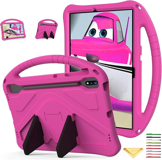 Kids Stand Case for Samsung Galaxy Tab S7 Plus 12.4 inch 2020 Model (SM-T970/T975/T976/T978) with S Pen Holder/Kickstand/Handle Soft EVA Shockproof Lightweight Cover for Tab S7+ 12.4 Rose