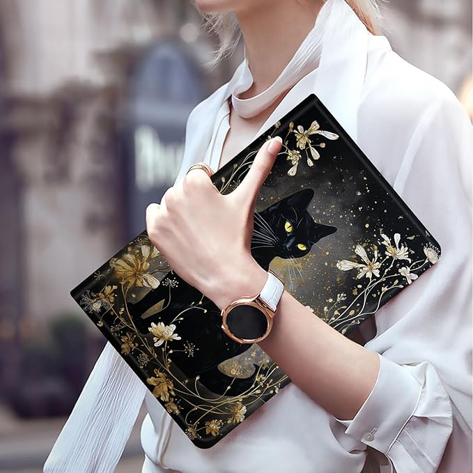 FUYOCWE for Fire HD 10 Tablet Case (13th Generation2023 Release10.1) PU Leather Multi-Angle Folding Stand Smart Flip Cover for Amazon Kindle Fire HD 10 13th Gen-Black Cat with Gold Floral