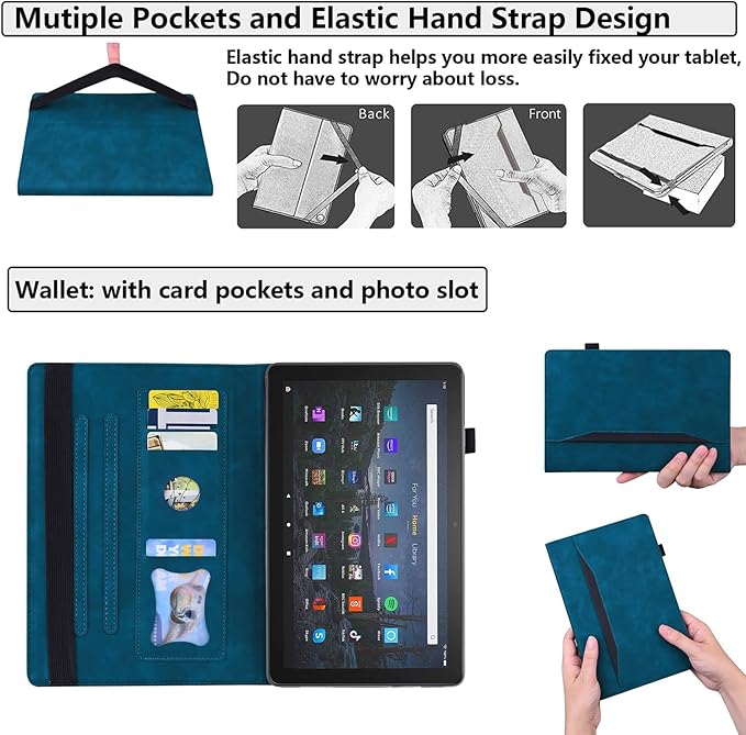 for Amazon Kindle Fire HD 10 &amp Fire HD 10 Plus Tablet Case 13th/11th Generation 10.1 (2023/2021) Folio Stand Embossed PU Leather Wallet Cover with Pencil Holder/Document Card Pockets Blue