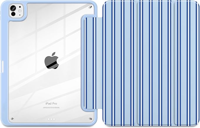 Case for iPad Pro 11 Inch (M5 2025 M4 2024) – [Built-in Pencil Holder] Shockproof &amp Stylish Clear Hard Back + Soft TPU Edge Magnetic Trifold Stand Auto Wake/Sleep Blue Stripes