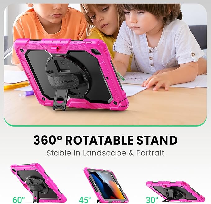 SEYMAC for iPad 9th/8th/7th Generation Case 10.2 2021-2019 Full-Body Shockproof Heavy Duty Protective Case with Screen Protector Rotating Stand/Handle/Shoulder Strap for iPad 10.2 Pink
