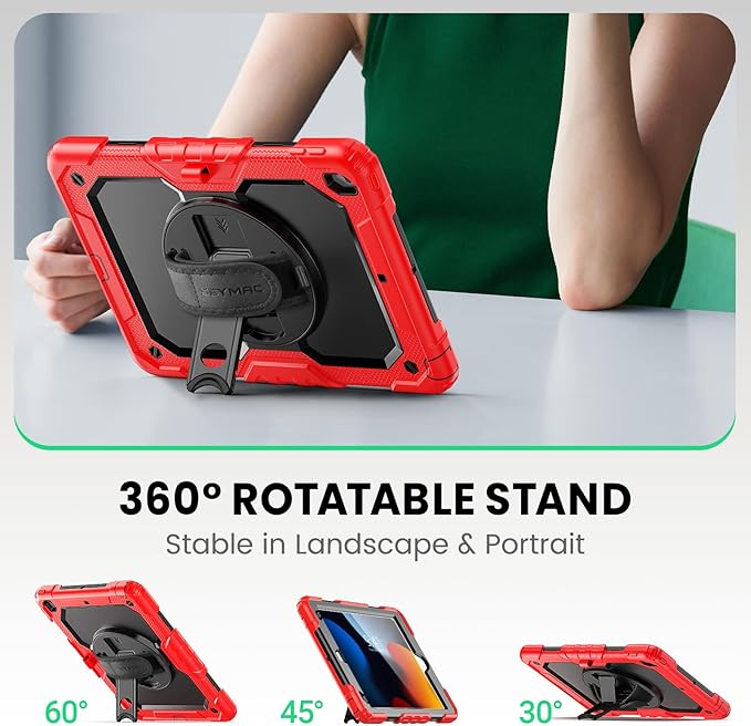 SEYMAC for iPad 9th/8th/7th Generation Case 10.2 2021-2019 Full-Body Shockproof Heavy Duty Protective Case with Screen Protector 360° Rotating Stand/Handle/Shoulder Strap for iPad 10.2 Inch Red