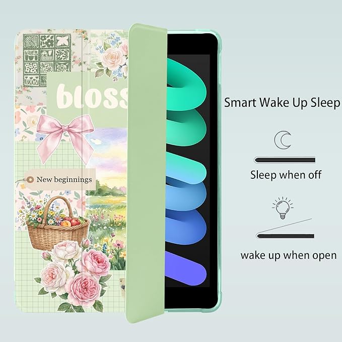 Cute Flower Blossom Floral for iPad mini 7 A17 Pro 2024/iPad Mini 6 Case with Pencil Holder Auto Sleep/Wake Green Leather Soft TPU Back Cover