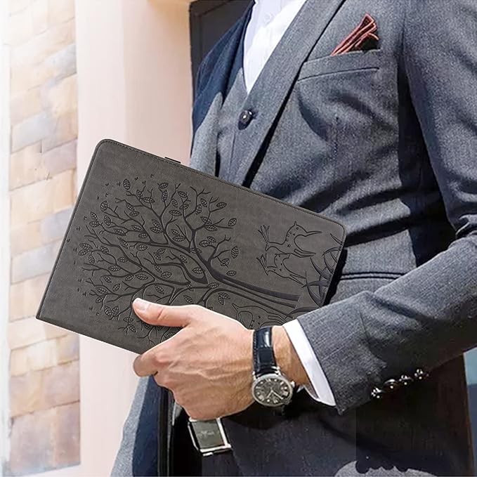 ALILANG for Kindle Fire Max 11 Case (13th Generation 2023 Release) Tree Embossed PU Leather Card Slot Shockproof Smart Cover for Kindle Fire Max 11 2023 Tablet Case -Gray