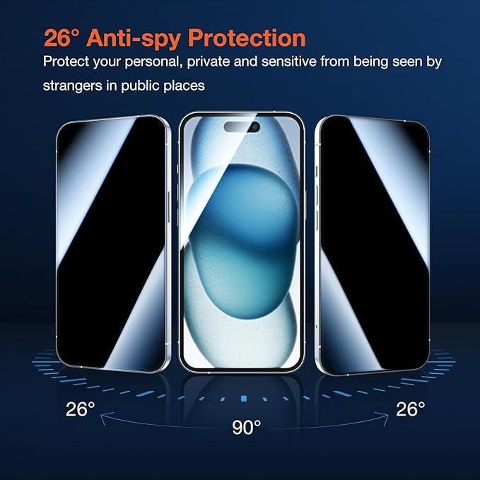 2 Pack Privacy Screen Protector for iPhone 15 9H+ Tempered Glass Anti Spy Private Film Easy Installation Auto Alignment Dust Removal Military-Grade Protection Bubble-Free