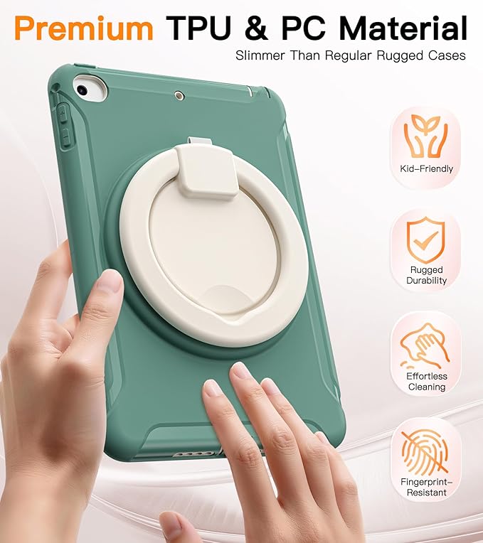 BATYUE Shockproof Case for iPad mini 4/5 (2015/2019) - 360° Multi-Angle Stand (Portrait &amp Landscape) &amp Grip Pencil Holder (Elastic Loop) Multi-Scene for All Ages Jade Green