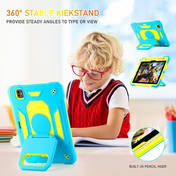 KCJ for iPad Pro 11 Case (M4) 2024with Tempered Glass Screen ProtectorCute Protective Case with Folding Stand/Pencil Holder/Shoulder Strap for iPad Pro 11 2024 (5th Generation) (Blue+Yellow)