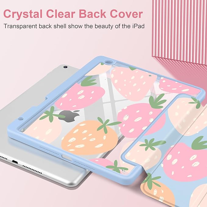 MEEgoodo Case for iPad 10.2 inchTablet Cases for iPad 9th Generation 2021/8th Gen 2020/7th Gen 2019 with Clear Acrylic Back Shell+Pencil Holder+Auto Wake/Sleep+Trifold StandCute Drawn Strawberries
