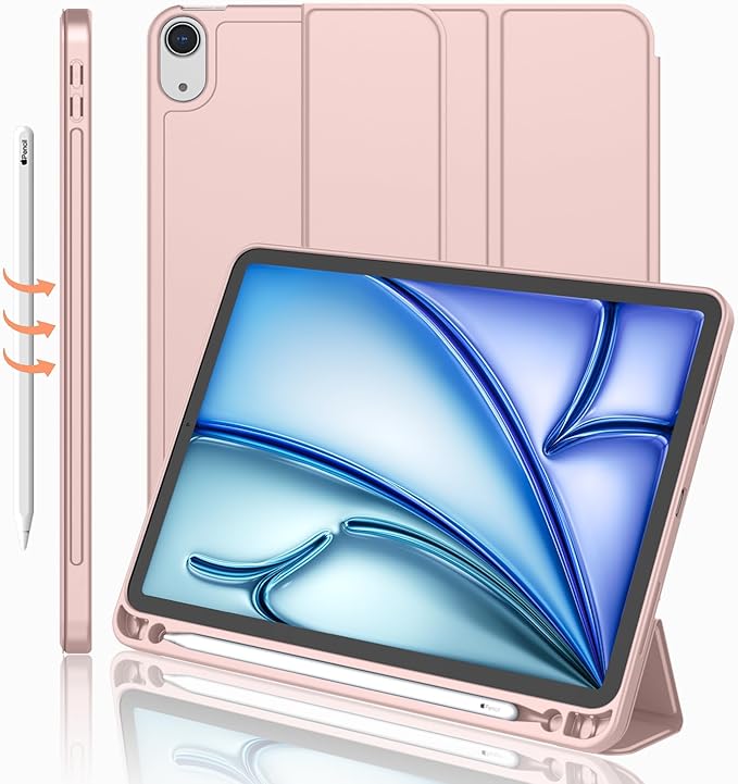 iMieet iPad Air 11 Inch Case M4/M3/M2(2026/2025/2024) iPad Air 5th/4th Generation Case 2022/2020 10.9 Inch with Pencil HolderTrifold Stand Smart Case with Soft TPU Back(Rose Pink)