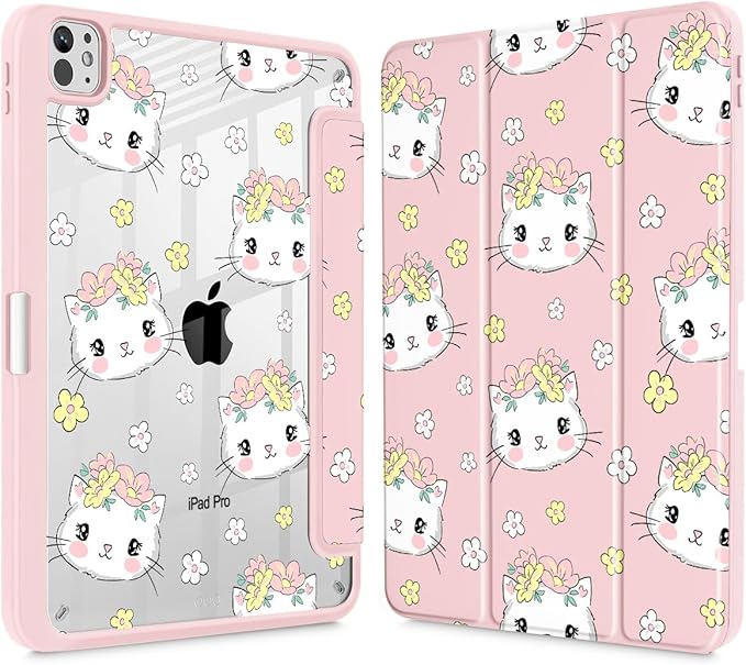 May Chen Case for iPad Pro 11-Inch M5/M4 2025/2024 (6th/5th Generation) [Penceil Holder] Trifold Stand Auto Wake/Sleep Clear TPU Protection Back Cover Cat &amp Flowers