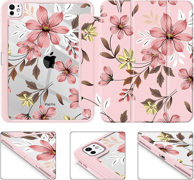 Mektron Case for M5/ M4 iPad Pro 11 inch 2025/2024 with Pencil Holder Compatible Models: A3357/A3358/A3359/A2836/A2837/A3006 Shockproof Cover Clear Shell Floral C293