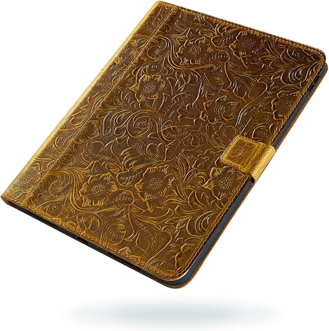 Gexmil for iPad 9.7 Inch Case6th/5th Generation(2018/2017)-iPad Air 2/1 Gen. Genuine Leather Cover Auto Sleep/WakeCowhide Folio Cover with Adjustable Stand with BuckleAnti SlipFlower Brown