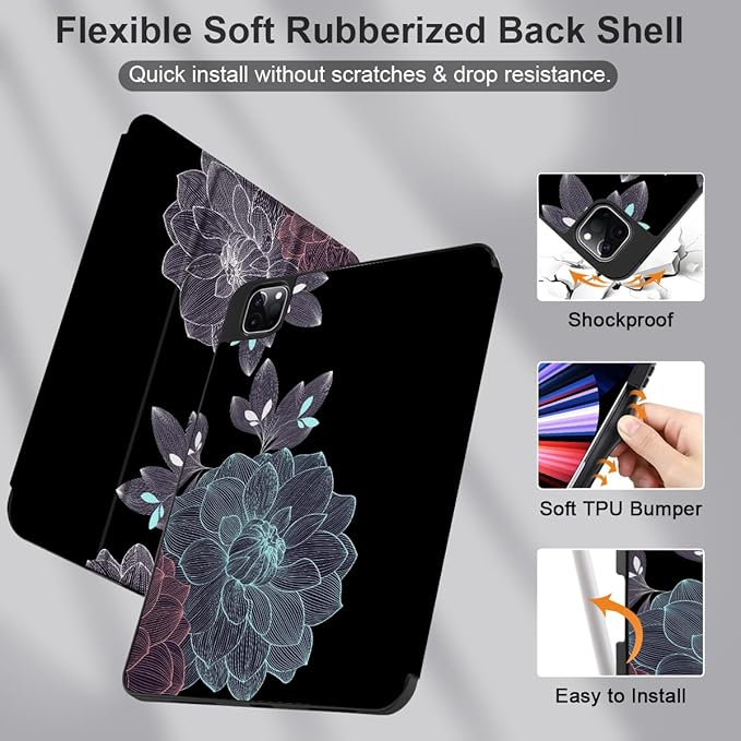 DONGKE Case for 2022/2021/2020/2018 iPad Pro 11 inch Gen 4/3/2/1 - Slim Protective Case - Built in Pencil Holder Support Charging - Trifold Stand &amp Sleep/Wake Cover - Elegant Flowers