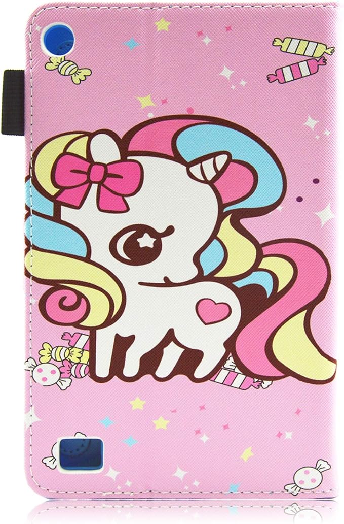 7.0 inch All-New Amazon Kindle Fire 7 Tablet Case 9th/7th/5th Generation (2019/2017/2015 Release) with Stand Pencil Holder [Auto Wake/Sleep] PU Leather Folio Smart Cover Pink Candy Unicorn