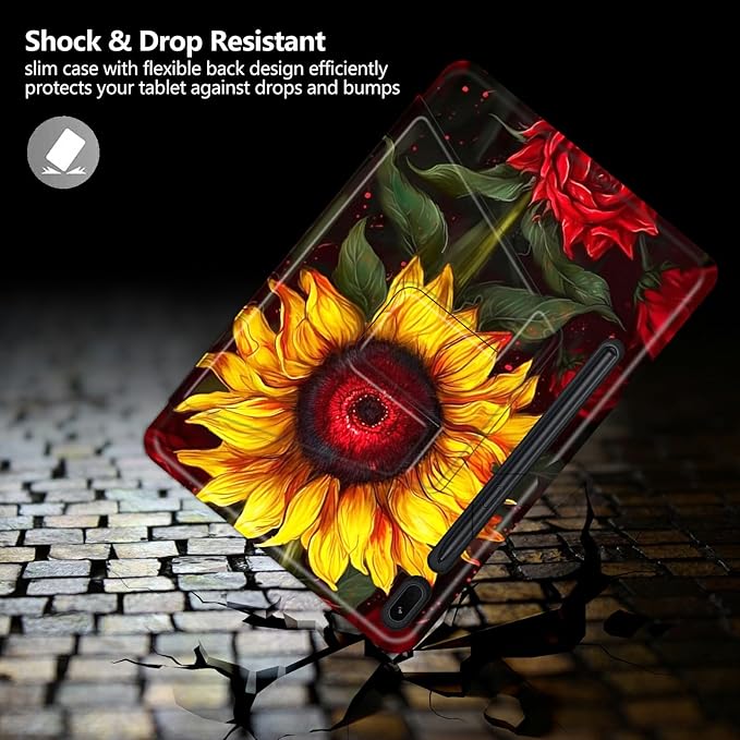 Case for Samsung Galaxy Tab S9 Plus/X810/X816B/X818U/S9 FE Plus 12.4inch Sunflowers Theme 360 Degree Rotating Stand Smart Protective Cover for Samsung S9 Plus Tablet