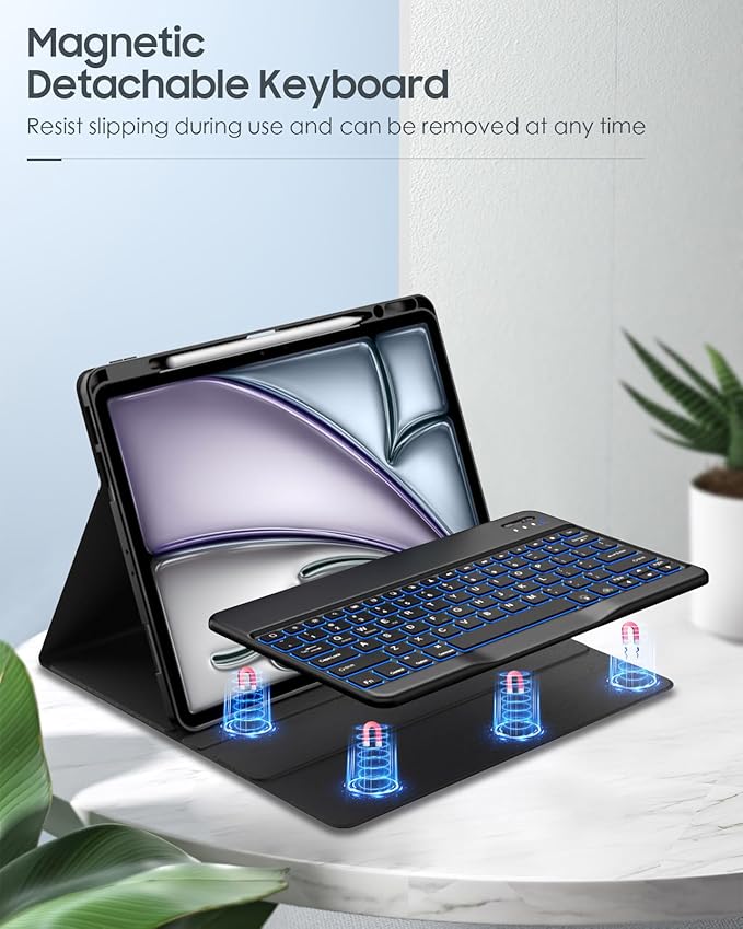 MoKo Keyboard Case for iPad Air 13-inch (2026/2025/2024) &amp iPad Pro 12.9 (2022-2018) 7-Color Backlit Detachable Bluetooth Keyboard with Pencil Holder Multi-Angle Stand Black