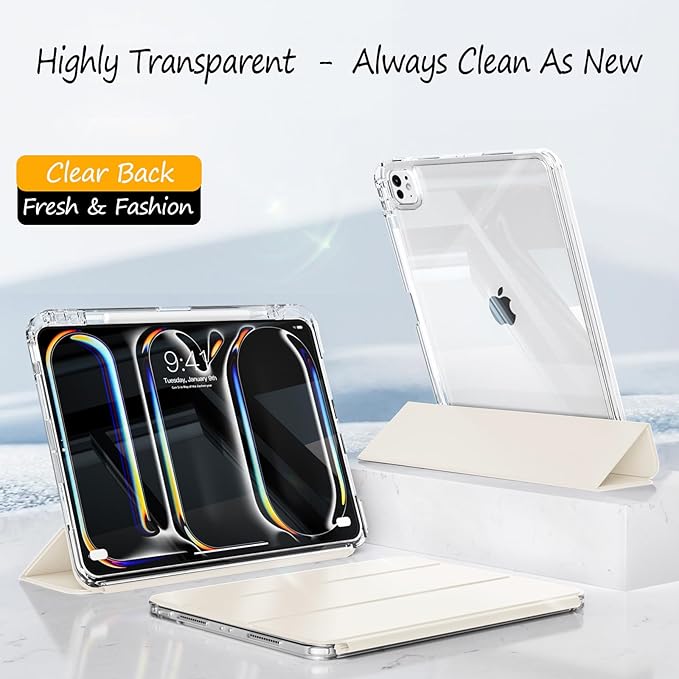 Case for iPad Pro 11 Inch 4th/3rd/2nd Generation (2022/2021/2020) with Pencil Holder Slide to Separate Auto Sleep/Wake Detachable Trifold Stand Slim Clear Cute Protective Leather Cover (Cream)