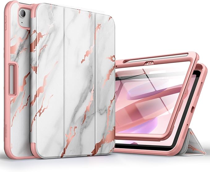 SURITCH Case for iPad (A16) 11th Generation 11 Inch 2025/iPad 10th Generation 10.9 Inch 2022 with Screen Protector Pencil Holder Tri-fold Stand Auto Wake/Sleep Shockproof Protection White Marble