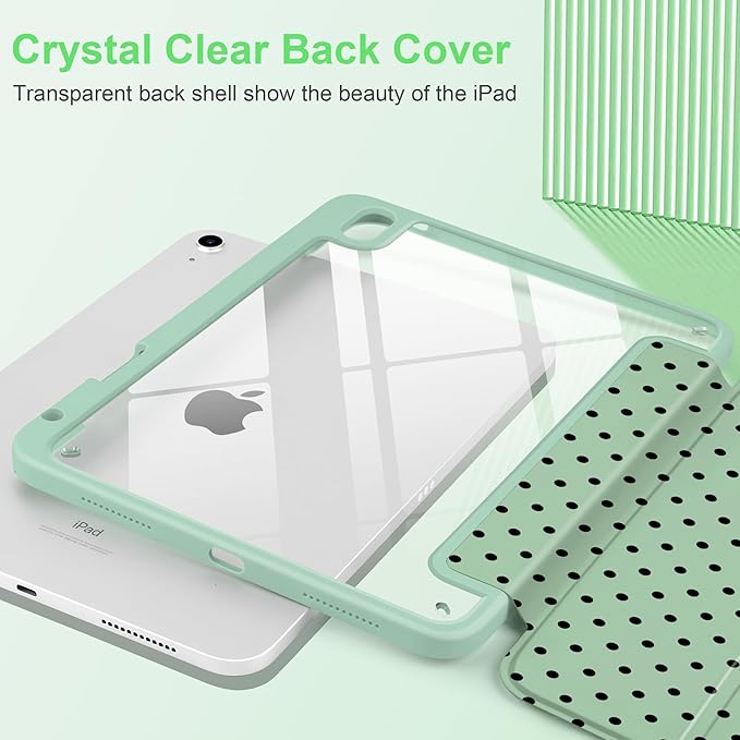 Case for iPad A16 11th Generation 11 inch 2025 iPad 10th Generation 10.9 inch 2022 -[Built-in Pencil Holder] Shockproof Clear Hard Back Trifold Stand Auto Wake/Sleep Green Polka dot