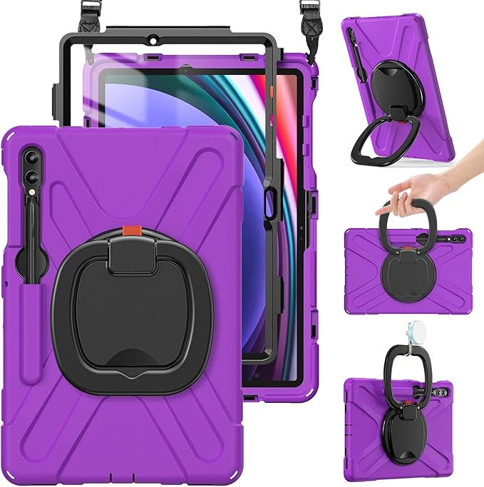 BRAECN Case for Samsung Galaxy Tab S10+/S9 FE+/S9+/S8+/S7 FE/S7+ 12.4” SM-X820/X610/X810/X800/T730/T970 Silicone Cover w/Screen Protector/Handle Grip/Kickstand/Shoulder Strap/S Pen Holder Purple