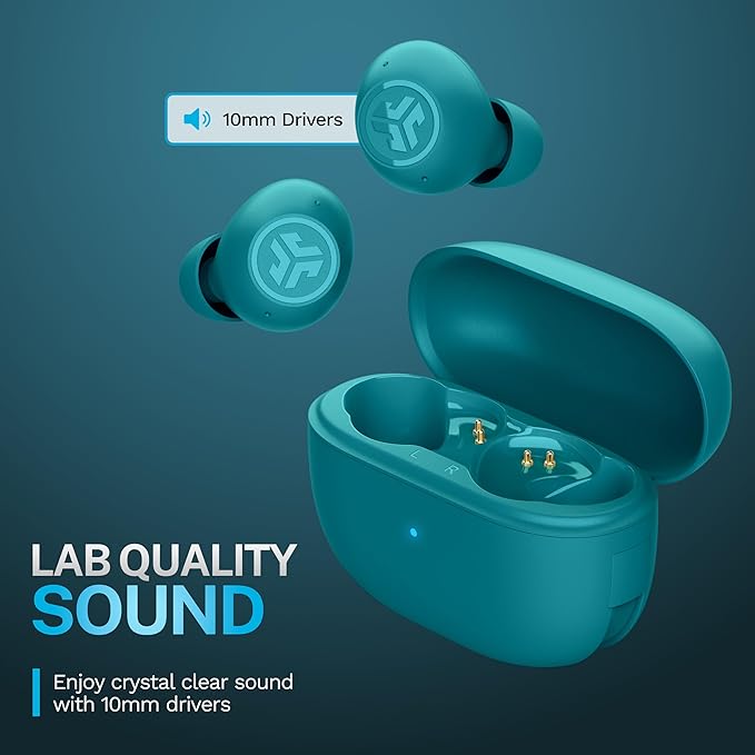 JLab Go Pop ANC True Wireless Earbuds &amp Charging Case Teal Active Noise Cancelling 10mm Drivers Dual Connect Customize Your Sound with App Be Aware Mode Compact Fit MEMS Microphone