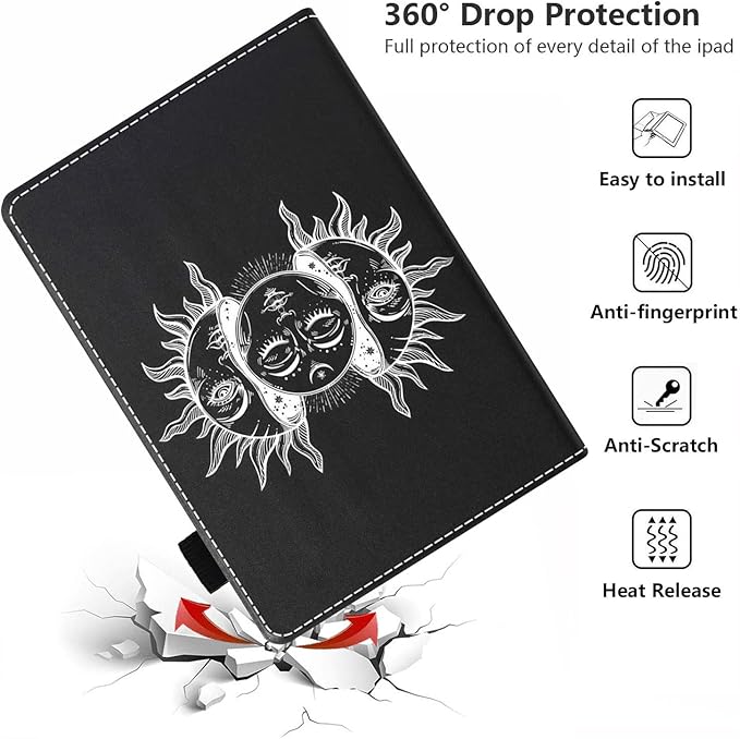 Case for All-New Kindle Fire 7 Tablet (7 12th Generation 2022 Release) Moon and Sun with Many Fractal Faces Celestial Energy Mystic Art PU Leather Folio Case with Smart Auto Wake/Sleep