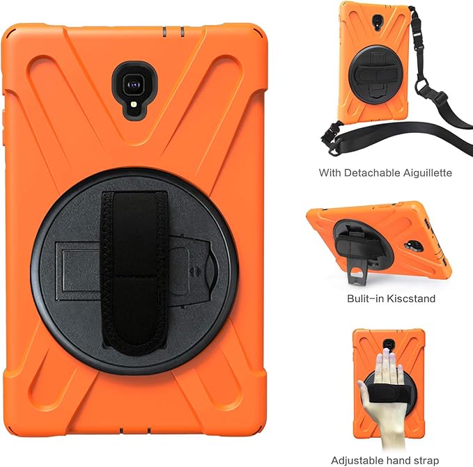Rugged Case for Samsung Galaxy Tab A 10.5 2018 (SM-T590/T595/T597) Portable Hybrid Shock-Proof Cover with 360° Rotatable Hook&ampLoop HandleShoulder Strap (Orange)