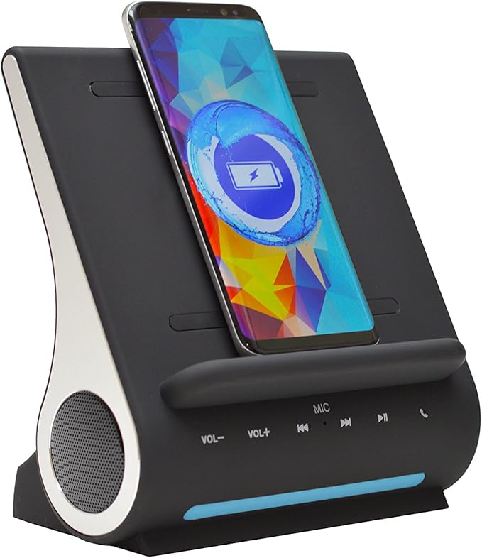 DockAll D108 Wireless Charging Dock Bluetooth Speakers by Azpen. Qi-Certified Wireless Charger for iPhone 15/14/13/12/11/X/8 and Samsung Galaxy S23/S22/S21/S20/S21/S10/S9 - Black