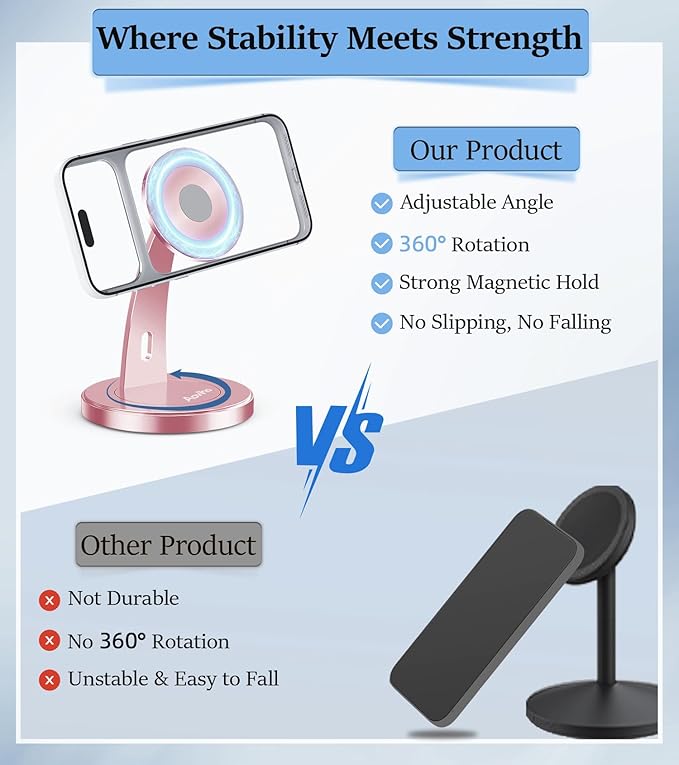 Magnetic Phone Stand for Desk – 360° Rotating Aluminum Phone Holder Stable Desk Stand for Office Home &amp Kitchen Compatible with iPhone 17 Pro Max 16–12 Series and MagSafe Cases Rose Gold