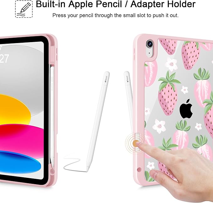 May Chen for iPad Air 11-inch M4/M3/M2 (2026/2025/2024) iPad Air 5th/4th 10.9 Inch - Shockproof Cover with Clear Back Shell &amp Penceil Holder Auto Wake/Sleep Stand Cover Strawberries