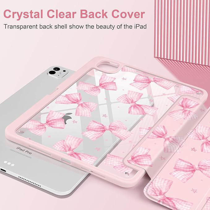 DONGKE for iPad Pro 11-Inch Case (M5 2025 / M4 2024) 6th/5th Generation [Auto Sleep/Wake &amp Pencil Pro Holder] Clear Acrylic Back Smart Trifold Stand Cover Bow &amp Daisy