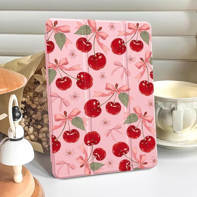 Cute Pink Bow Cherry Case for Ipad Air 11 Inch 2024 Cover Kawaii Design Shell Auto Sleep/Wake Anti-Slip Shockproof Cover with Clear Back Shell &amp Pencil Holder(Girl Women)