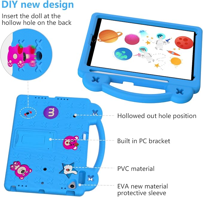 Dteck for iPad 9th/8th/7th Generation 10.2 Kids CaseStrawberry Panda Shockproof Rugged Lightweight Convertible Handles Stand Pencil Holder Kids Friendly Case for iPad 10.2 2021/2020/2019Sky Blue