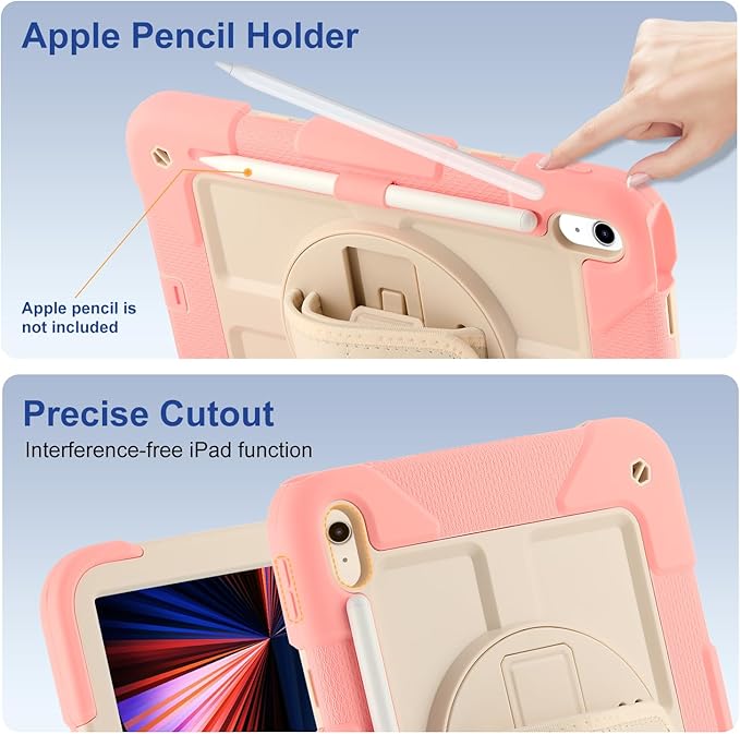 for iPad (A16) 11th Generation case11''(2025)/10th Generation case 10.9'' (2022)360°Rotatable Stand with [Screen Protector&ampPencil Holder&ampShoulder Strap] Shockproof Case (Pink+Beige)
