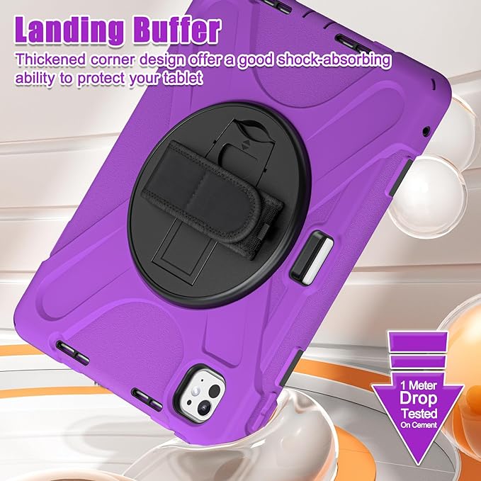 Batianda Case for New iPad Pro 11-inch 2025 M5 2024 M4 Chip Heavy Duty Rugged Durability Silicone Tablet Cover with 360° Rotating Hand Strap Foldable Hidden Stand &amp Shoulder Strap Purple